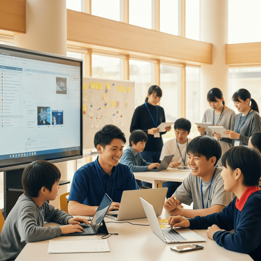 若手社員が中心となり、利用者の方々と一緒に笑顔でイベントを行っている画像